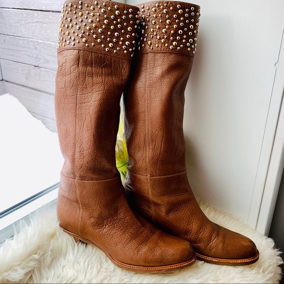CASADEI Brown Leather Bling Knee High Riding Boots - Picture 9 of 16